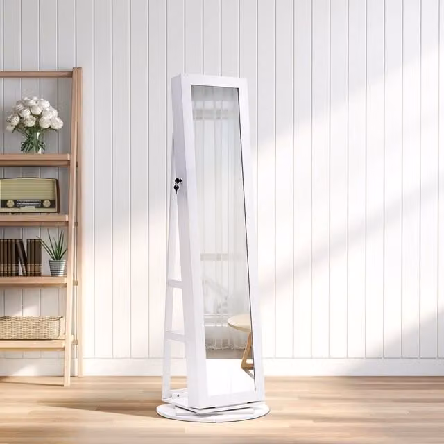 Livingandhome Rotatable Full Length Mirrored Jewelry Cabinet with Storage Shelves and Drawers, White