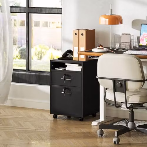 HOMCOM Lockable Filing Cabinet with 2 Drawers and Open Shelf in Black – 7