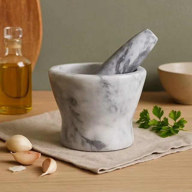 Orsina Salerno Grey Marble Curved Mortar and Pestle with Non-Slip Base