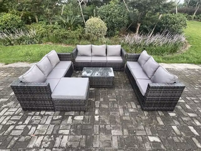 Fimous Outdoor Lounge Sofa Set with Oblong Coffee Table and Footstool in Dark Grey PE Rattan