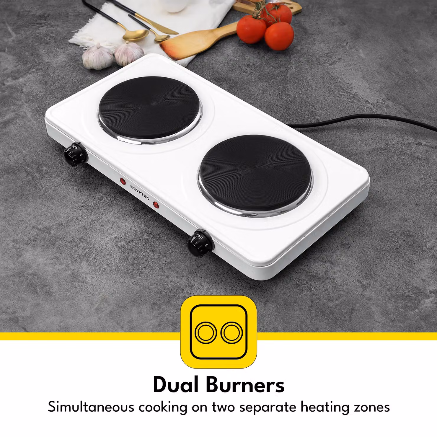 Krypton 2000W Double Cast Iron Hot Plate with Adjustable Temperature Control, White – 3