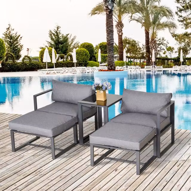 Outsunny 5 Piece Grey Upholstered Garden Conversation Set with Cushions, Lounge Armchair, Ottoman and Coffee Table