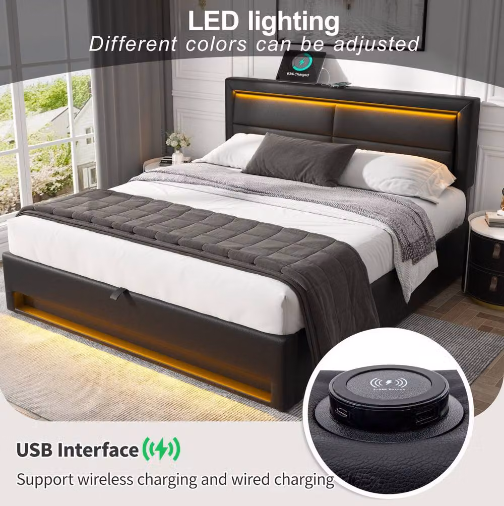STILVORA Double Upholstered Bed in Black with USB Charging Ports, LED Lighting and Lift-Up Storage Base, W/D/H: 140 x 200 cm – 5