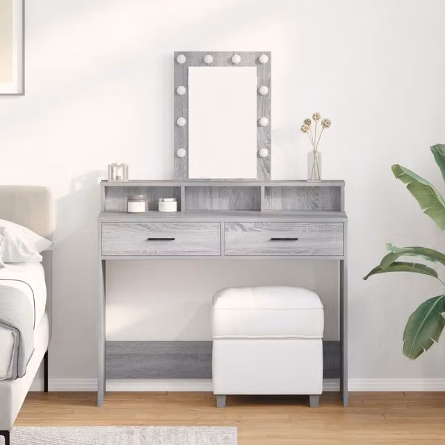 Berkfield Home Hollywood LED Dressing Table in Grey Sonoma, W/D/H: 100 x 41 x 140 cm