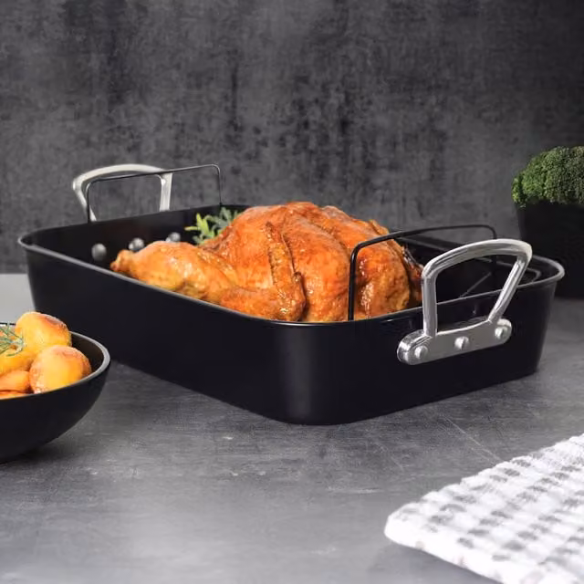 Kitchen Master Non-Stick Carbon Steel Rectangular Roasting Dish with Handles, Black, Diameter: 38.1 cm