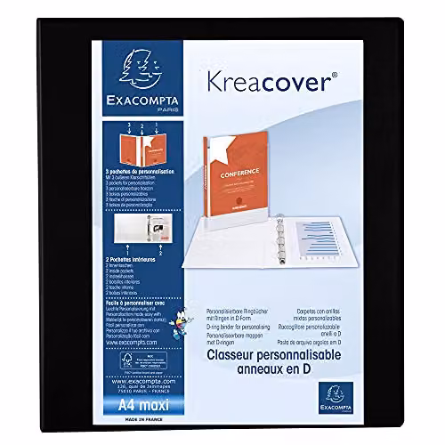 Exacompta Opaque Rigid Ring Binder with 3 Pockets, A4, 4 Rings, Black