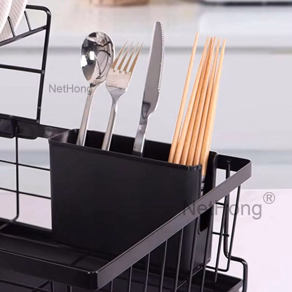 KORVIXA Black Large Dish Drainer Rack with Cutlery and Cup Holders – 4