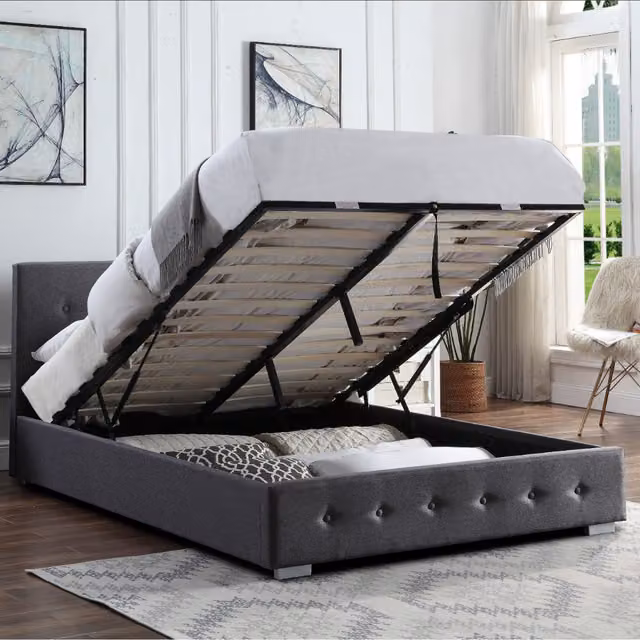 Home Treats Modern Upholstered Storage Ottoman Bed Frame with Hybrid Mattress in Grey, W/D/H: 120 x 200 cm
