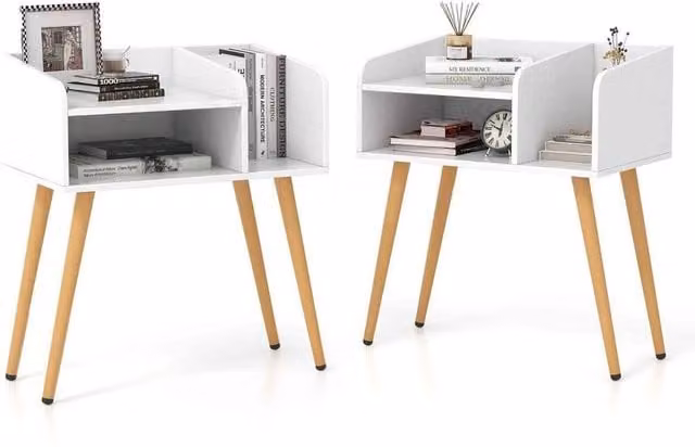 Havendro Set of 2 White 2-Tier Mid-Century Bedside Tables with Metal Legs