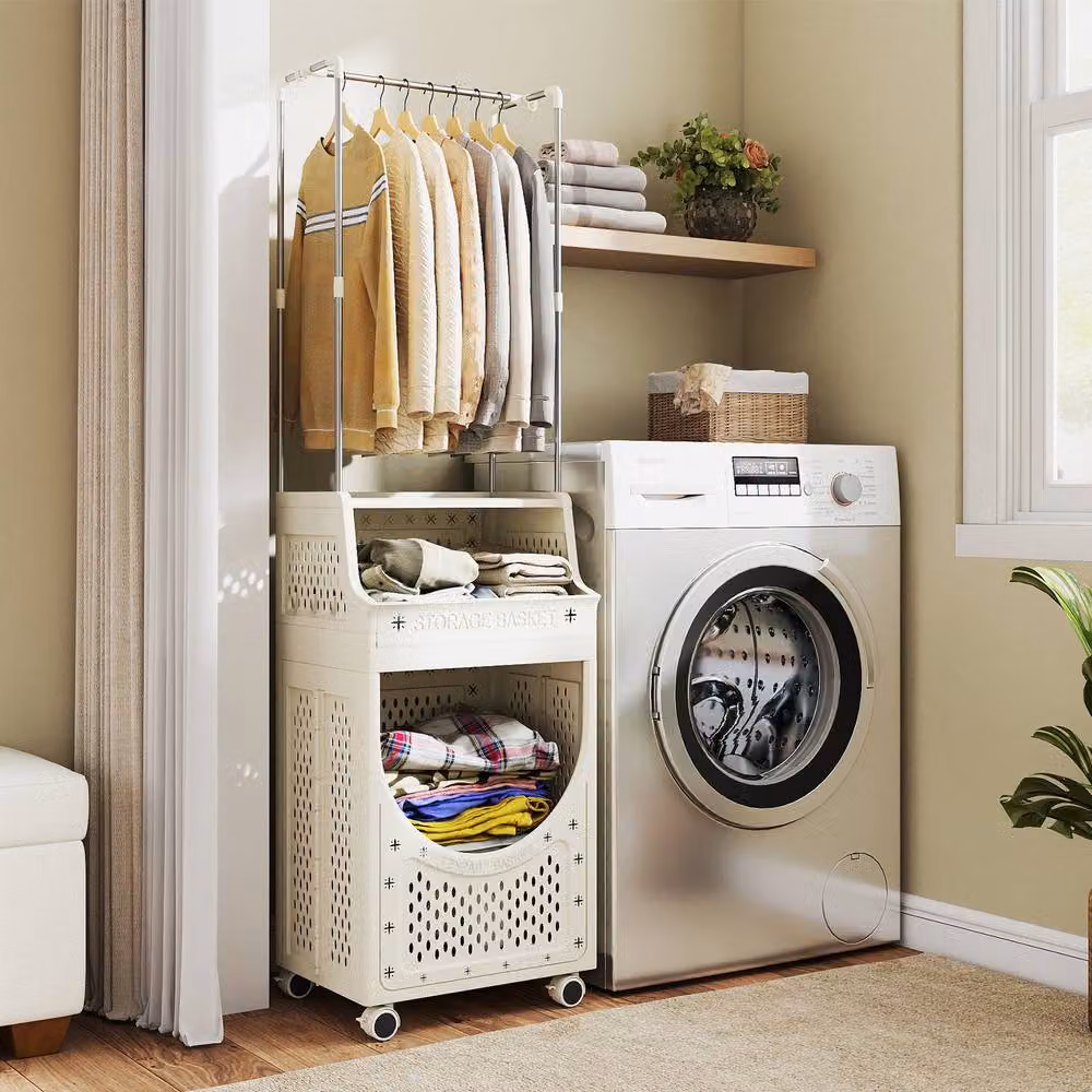 Gymax Folding Rolling Laundry Utility Cart with Hanging Bar in Beige – 2