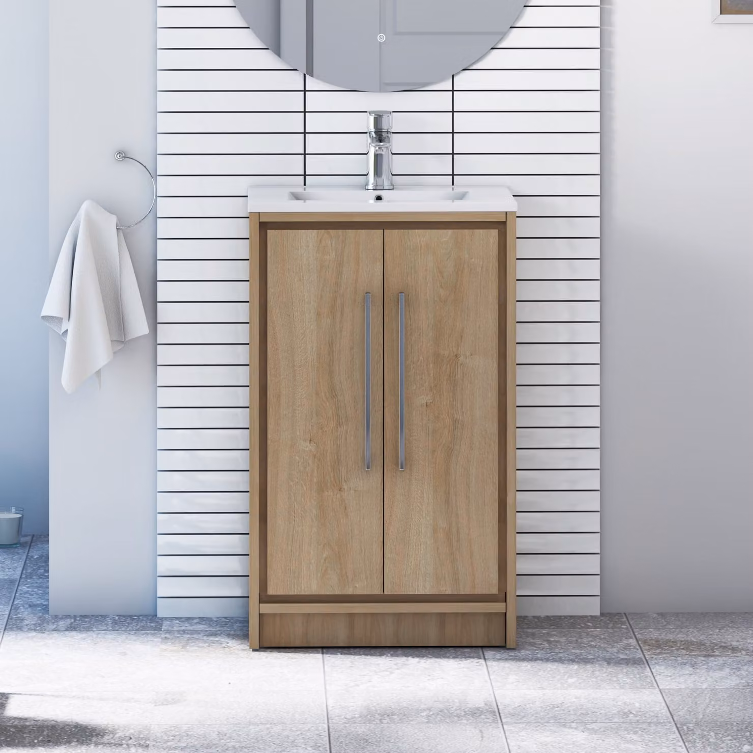 Livora Natural Oak 2 Door Floor Standing Bathroom Vanity Unit with Soft Close Hinged Doors