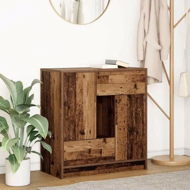 Berkfield Home Rustic Old Wood Sideboard with Drawers and Doors, Brown, W: 70.5 cm, D: 34 cm, H: 74.5 cm