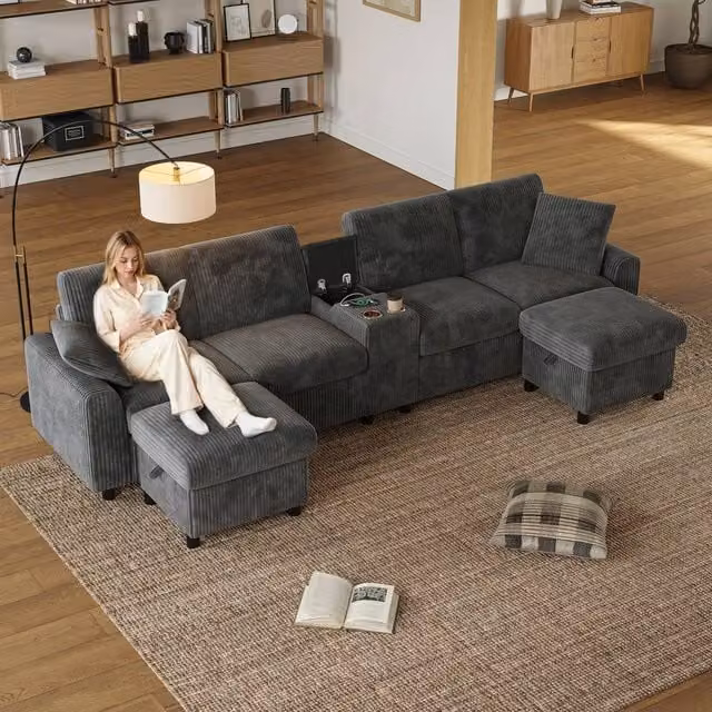BTM U-Shaped Sectional Ottoman Storage Sofa in Grey with USB Charging Ports and Cup Holders – 1