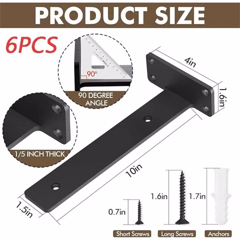 Nordara 6-Piece Set of Matt Black Steel Concealed Floating Shelf Brackets, W: 100 cm, D: 40 cm – 2