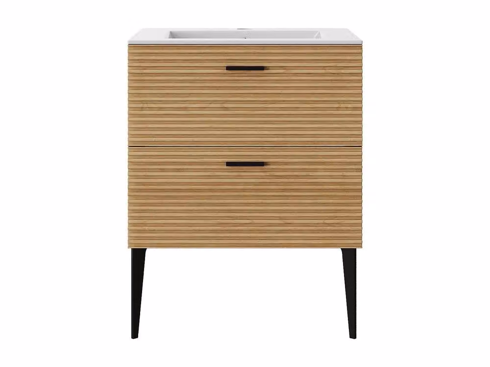 Vente-unique Fluted Freestanding Bathroom Unit with Inset Basin and 2 Drawers in Light Oak – 2