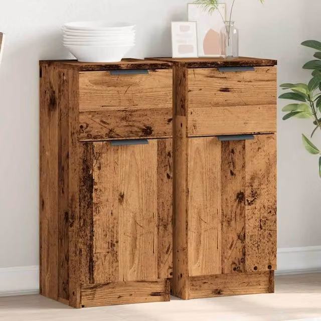 Berkfield Home Set of 2 Old Wood Sideboards in Brown, MDF, W/D/H: 30 x 30 x 70 cm