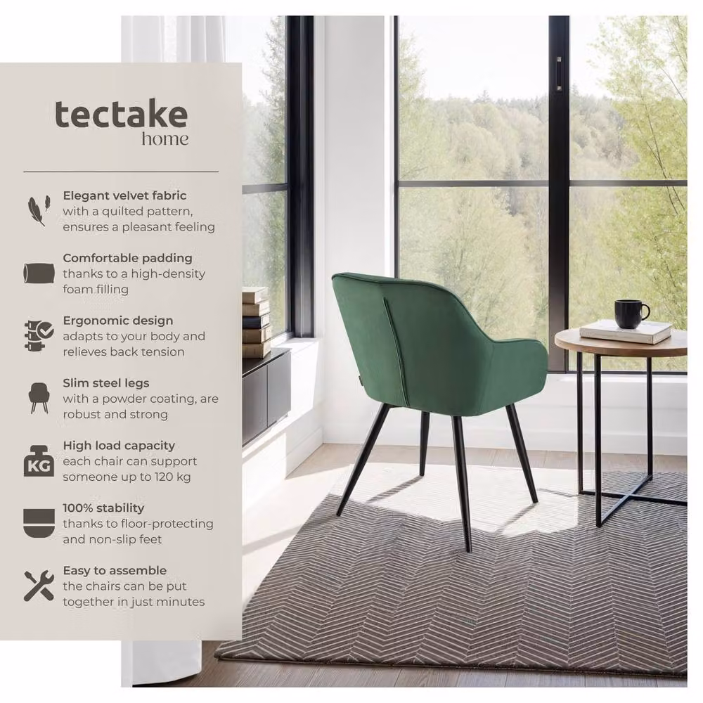 tectake Marilyn Set of 6 Modern Velvet Dining Chairs in Dark Green and Black – 2