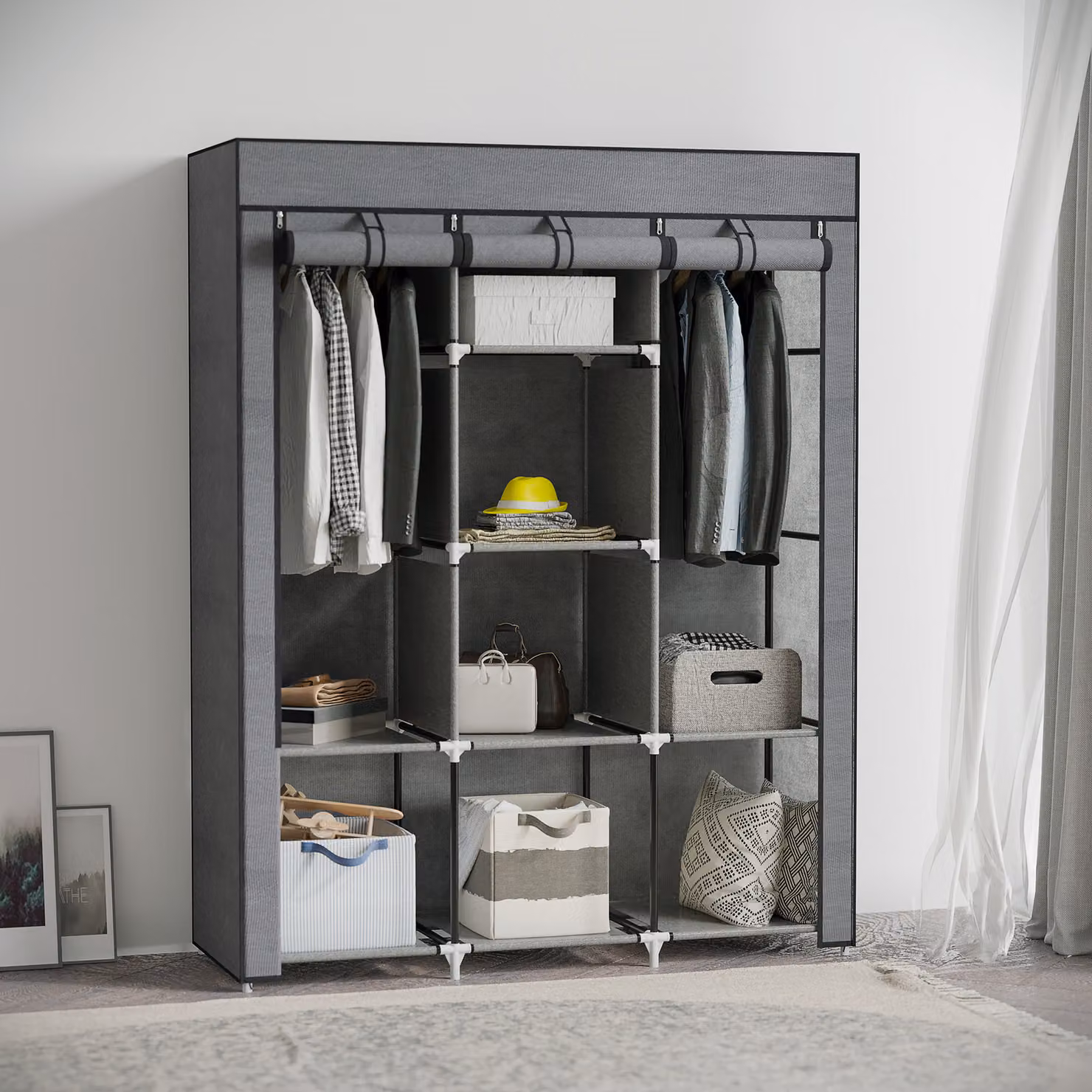 HOMCOM Portable Fabric Wardrobe with Hanging Rods and Shelves, Grey, W: 125 cm, D: 43 cm, H: 162.5 cm – 2