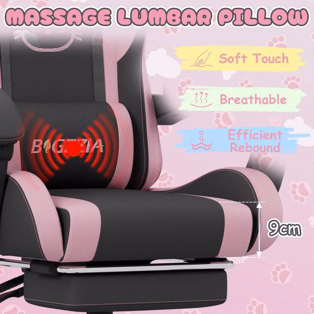 Gartistgo Gaming Chair with Cat Ears, Massage Lumbar Support and Footrest in Black Faux Leather – 3