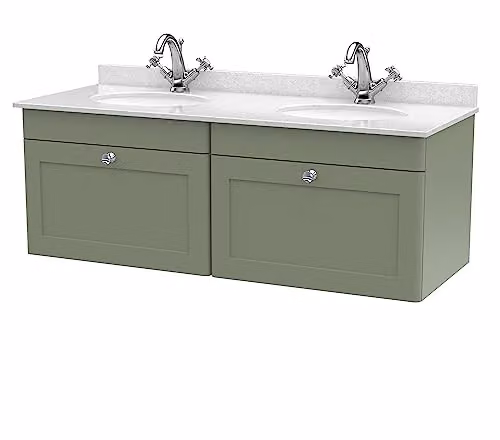 nuie Classique CLC894WR2 Wall Hung 2 Drawer Unit with 1 Tap Hole Double Marble Top and Round Basin, Satin Green and White, W: 122 cm, D: 50.9 cm, H: 47 cm
