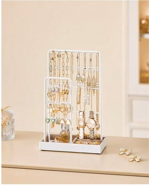 SONGMICS Jewellery Display Stand Organiser with Velvet Tray, White Metal Freestanding Stand