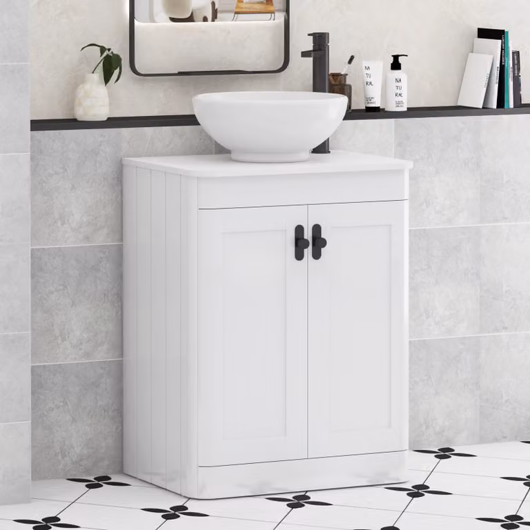 Royal Bathrooms Henley 600mm Gloss White Floor Standing 2 Door Vanity Unit with Breeze Basin and Matt Black Knob