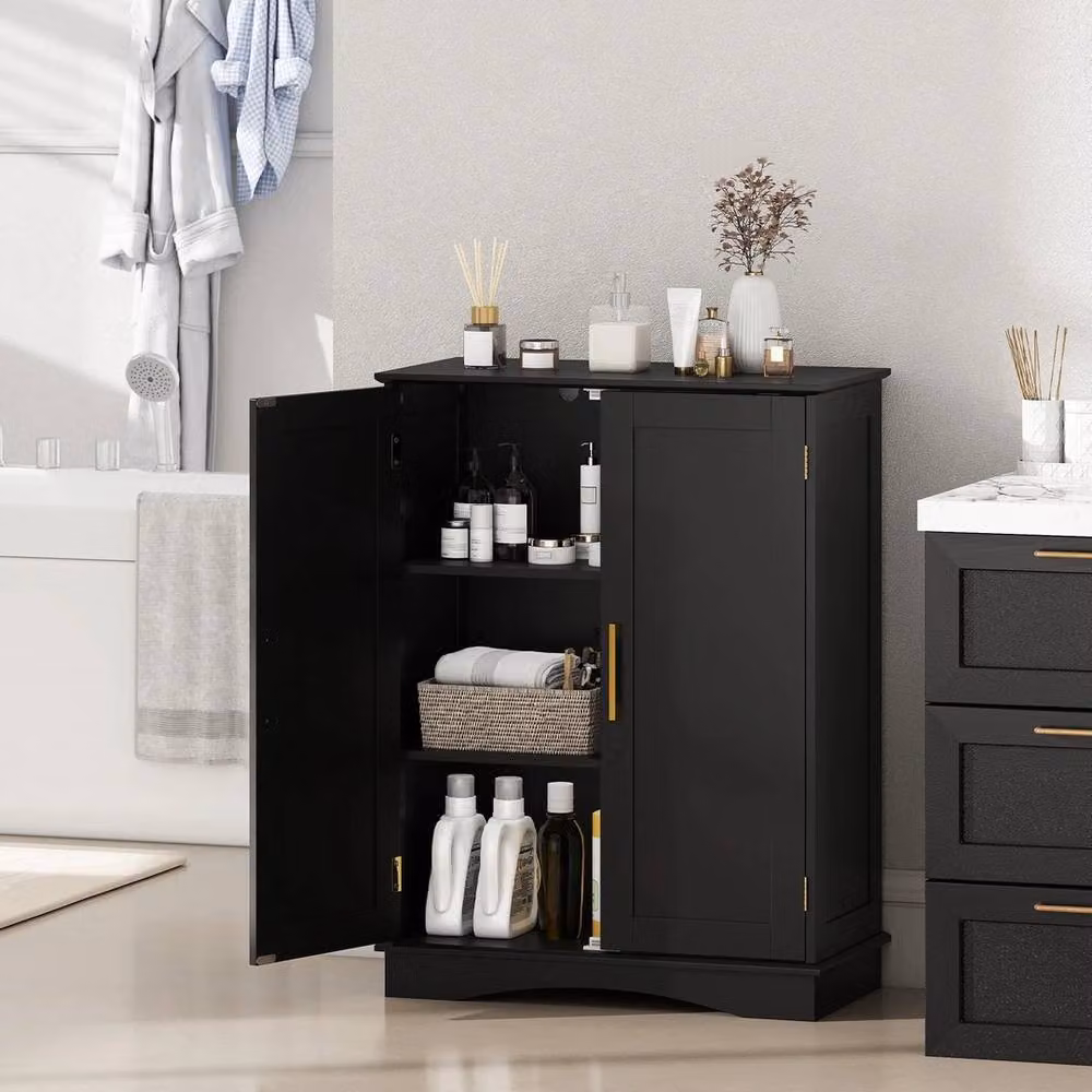 VOGREX Black and Gold Modern Freestanding Storage Cabinet with Hinged Doors and Internal Shelves – 4