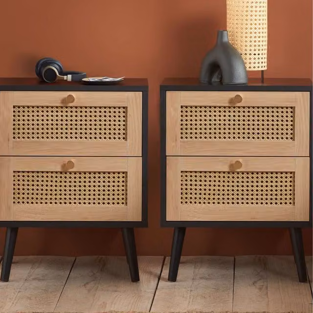 Croxley Pair of 2-Drawer Bedside Tables in Black and Gold with Rattan Detail