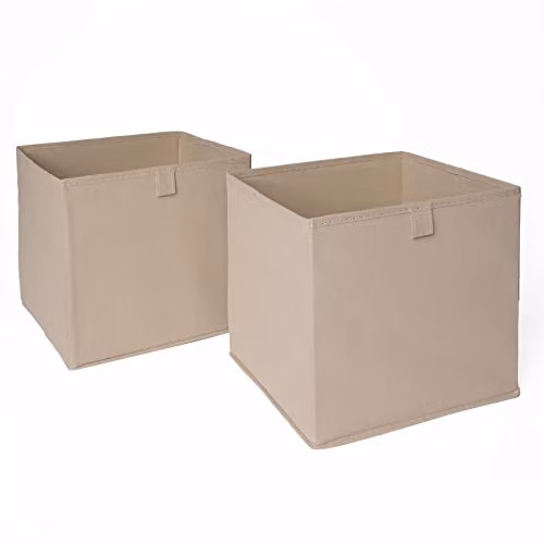 OHS Set of 2 Fabric Folding Cube Storage Boxes with Handles, Beige, W/D/H: 27 x 27 x 27 cm
