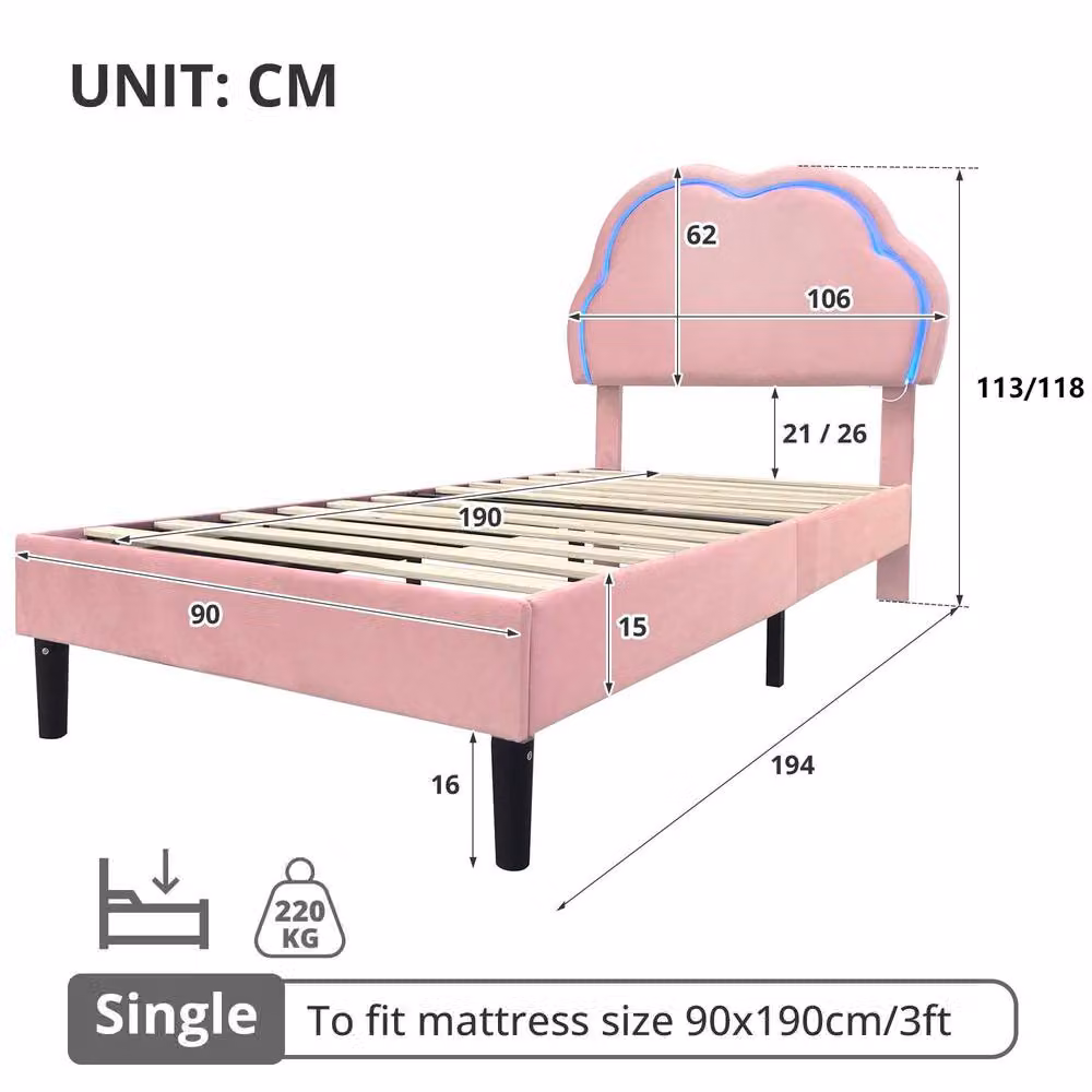 Rolipo Double Pink Velvet Bed Frame with Adjustable LED Cloud Headboard – 3