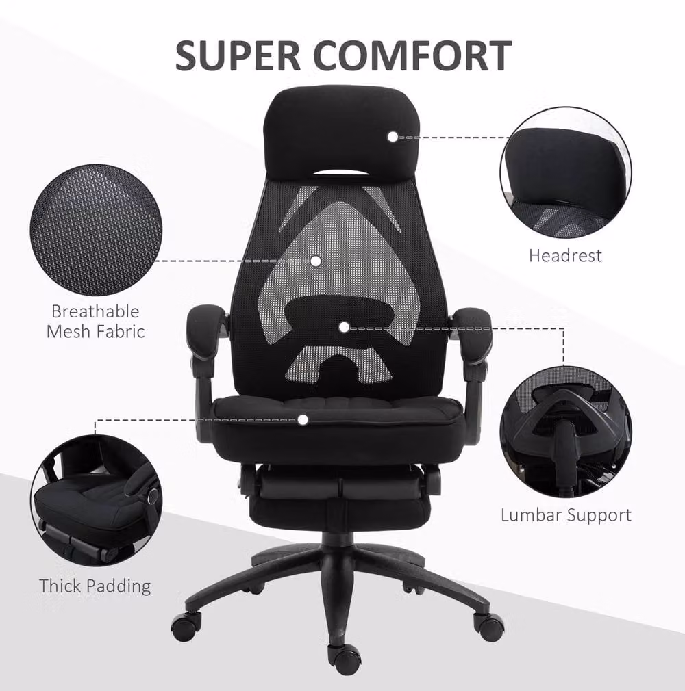 STILVORA Black Fabric Office Chair with Footrest, Headrest and Adjustable Height – 6