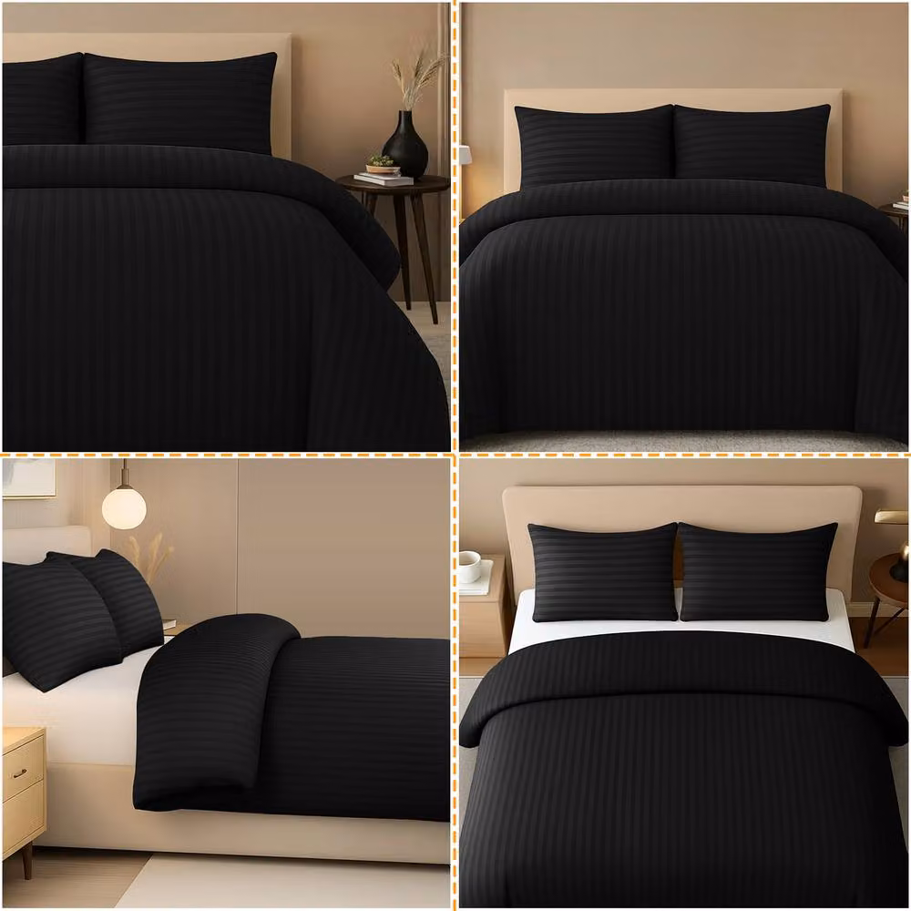 Pamposh Reversible Satin Stripe Microfibre Duvet Cover and Pillowcase Set, Black, King Size (180 x 200 cm) – 5