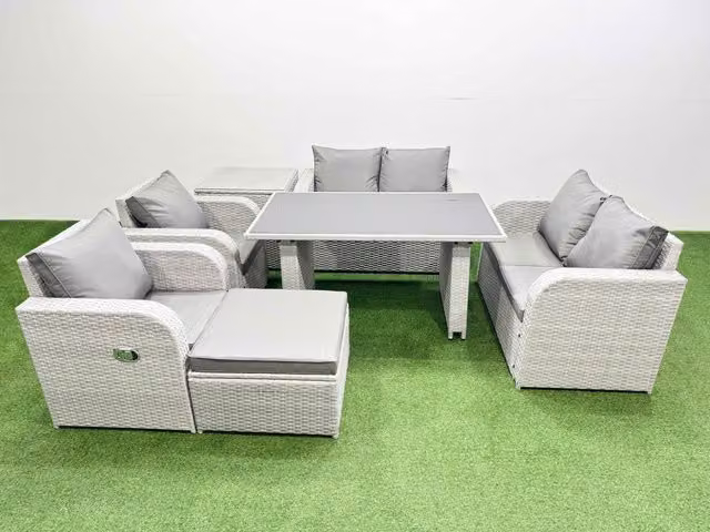 Fimous 7 Piece Modern Rattan Garden Furniture Set with Cushions and Side Table in Light Grey