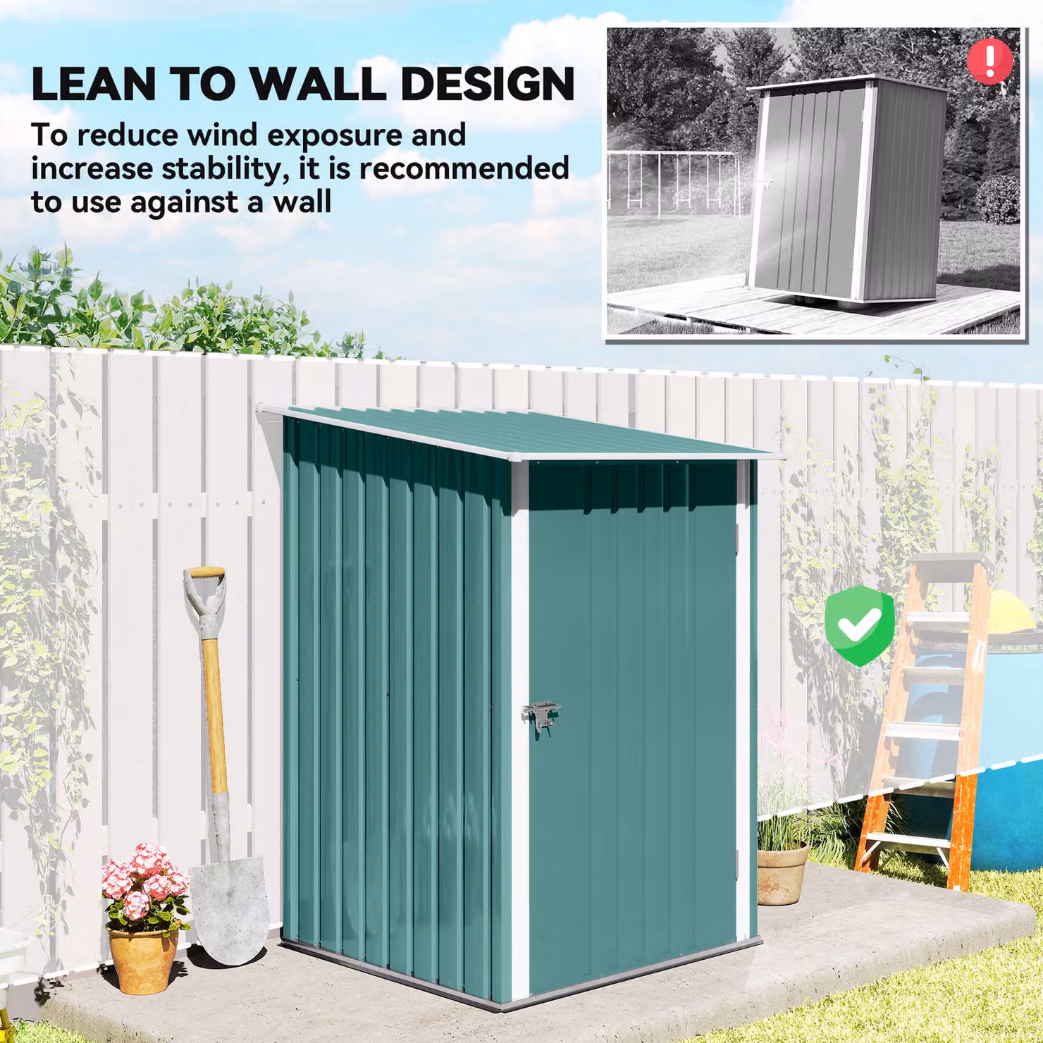 Outsunny Green Galvanised Steel Lean To Garden Shed with Locking Single Door, W/D/H: 100.58 x 100.58 x 142 cm – 3