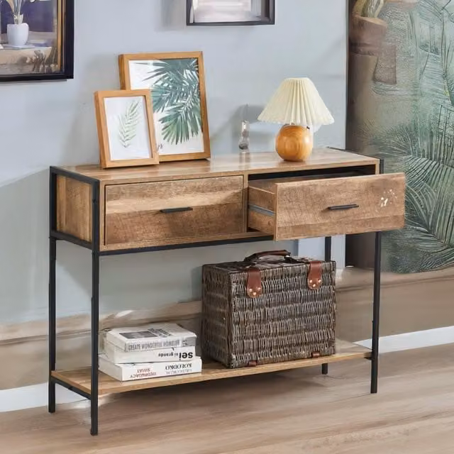 Rafaelo Mobilia Industrial Console Table with 2 Drawers and Storage Shelf in Natural Brown and Sand, W/D/H: 76 x 29.5 x 29.5 cm
