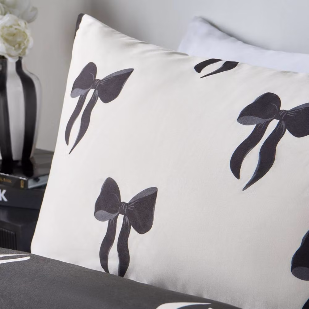 OHS Reversible Bow Printed Microfibre Bedding Set with Duvet Cover and Pillowcases, White and Black, 200 x 200 cm – 6