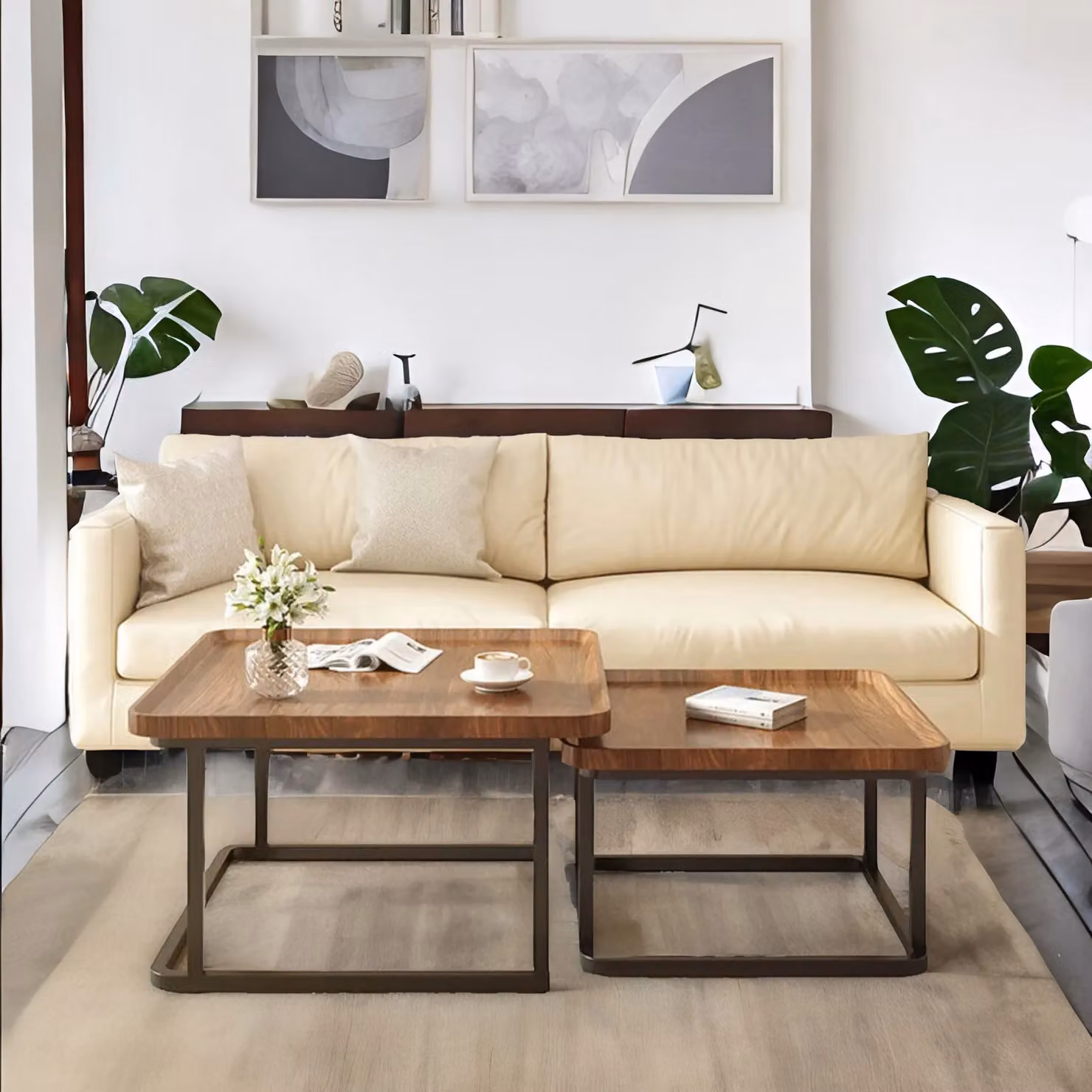 Pirlo Plush 2-Piece Nesting Tables in Brown Industrial Wood Grain with Black Metal Sled Base – 2