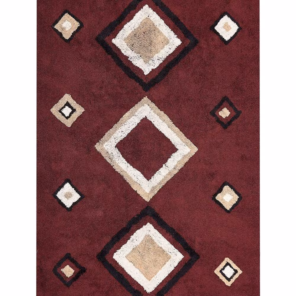 Wyld and Coco Hand Tufted Red Cotton Boho Area Rug with Diamond Pattern and Fringes W: 140 cm, L: 200 cm – 2