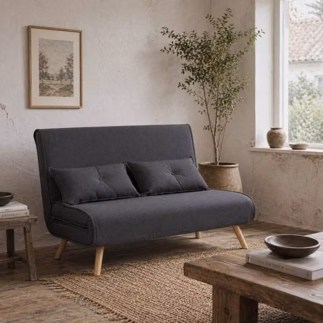 Wyld Haus Faroco 2 Seater Click Clack Sofa Bed in Anthracite Grey Fabric with Metal Frame and Scatter Cushions – 1