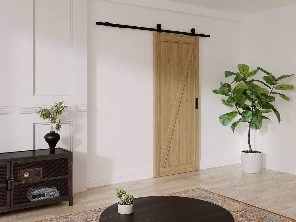 Vente-unique Sliding Rustic Surface-Mounted Wooden and MDF Door in Light Oak, H: 205 cm x W: 63 cm – 2