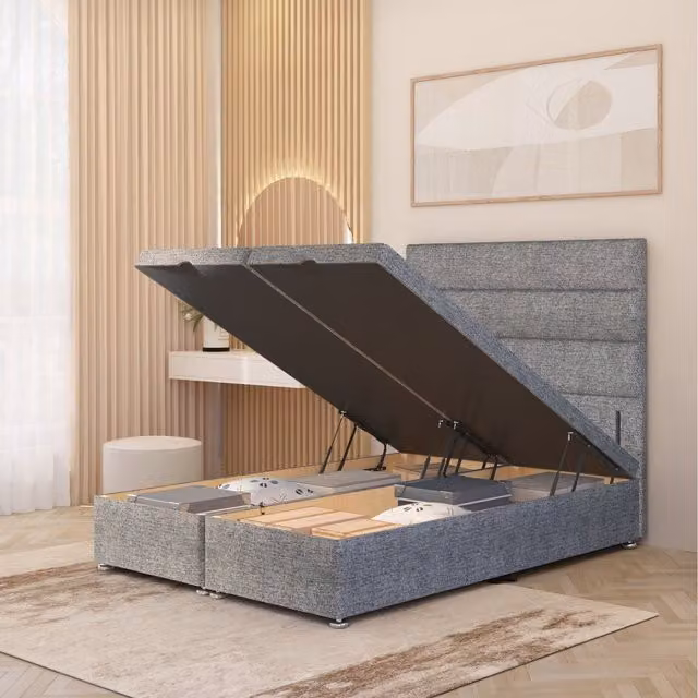 Horizona Single Storage Ottoman Bed with Lift Up Base and 54 Inch Floor Standing Headboard in Grey Checked Tweed