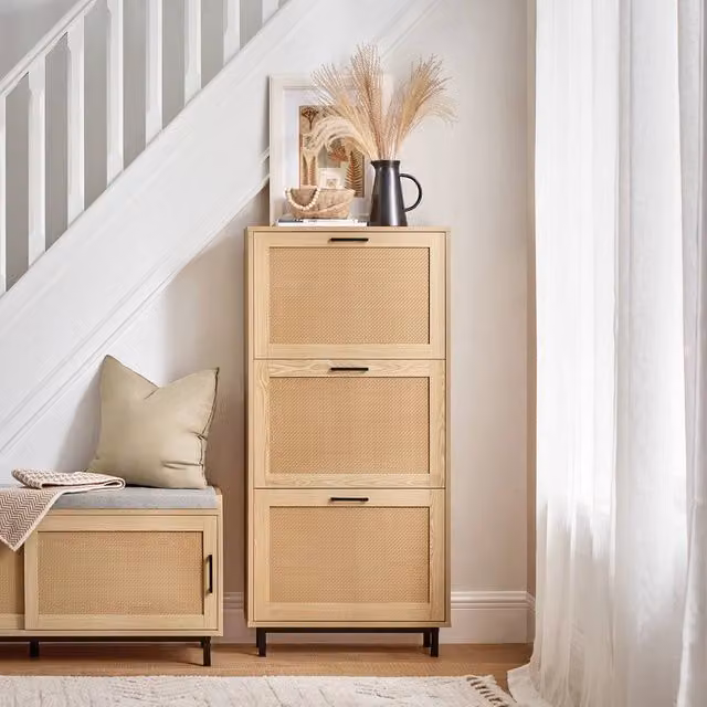 SoBuy Scandinavian Slim Shoe Cabinet with Rattan Doors and Tilting Compartments in Brown and Black