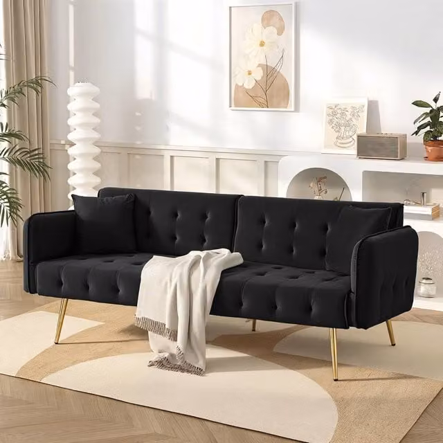 Merax Black Velvet Sofa Bed with Gold Accents and Solid Wood Frame