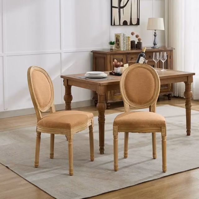 HomeTouch Set of 6 French Style Linen Fabric Kitchen and Dining Chairs in Light Brown – 1