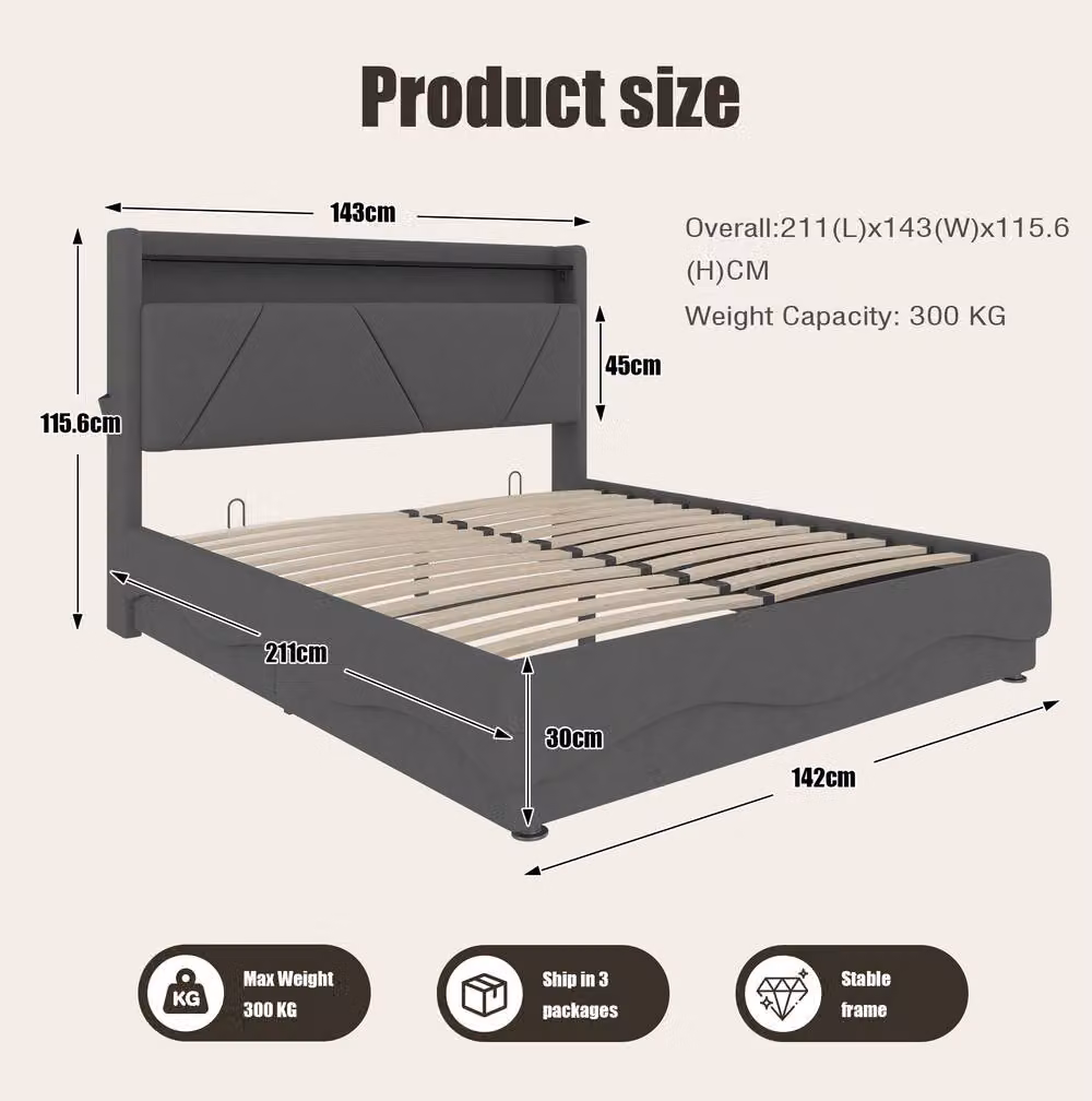 STILVORA Grey Velvet Double Upholstered Bed with Storage, USB Charging Ports, Bedside Shelves and Under-bed Lighting, W/D/H: 140 x 200 cm – 4