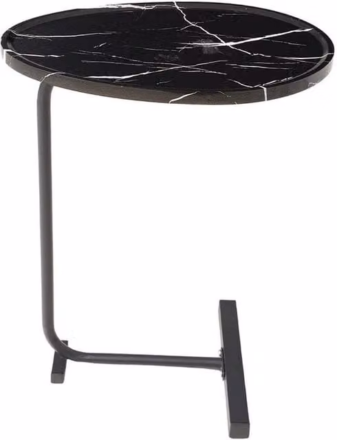 Kelvenix C-Shape Side Table with Black Marble Effect Round Top and Black Metal Frame, H 45.0 cm x W 60.0 cm