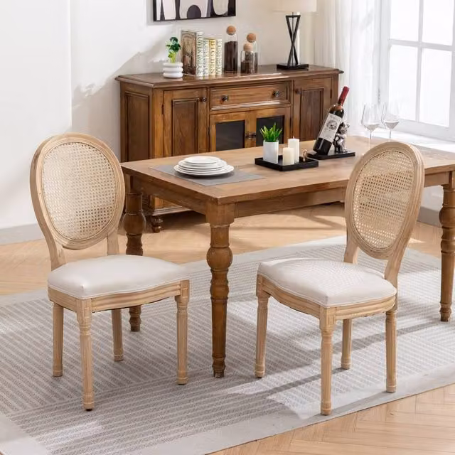 HomeTouch Set of 6 French Style Rattan Back Dining Chairs in Beige with Linen Fabric