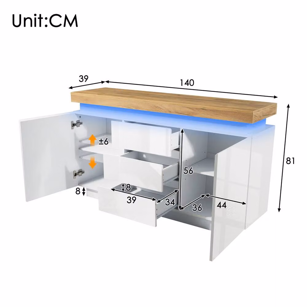Matteo Fascinate High-Gloss White Sideboard Cabinet with Integrated LED Lighting and Media Compartments W/D/H: 140 x 39 x 81 cm – 2