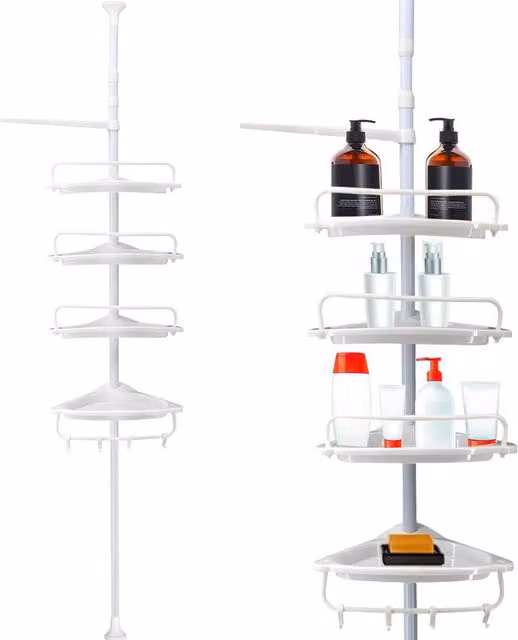 KORVIXA White 4 Tier Telescopic Wall Mounted Corner Bathroom Shelf with Adjustable Shelves – 1