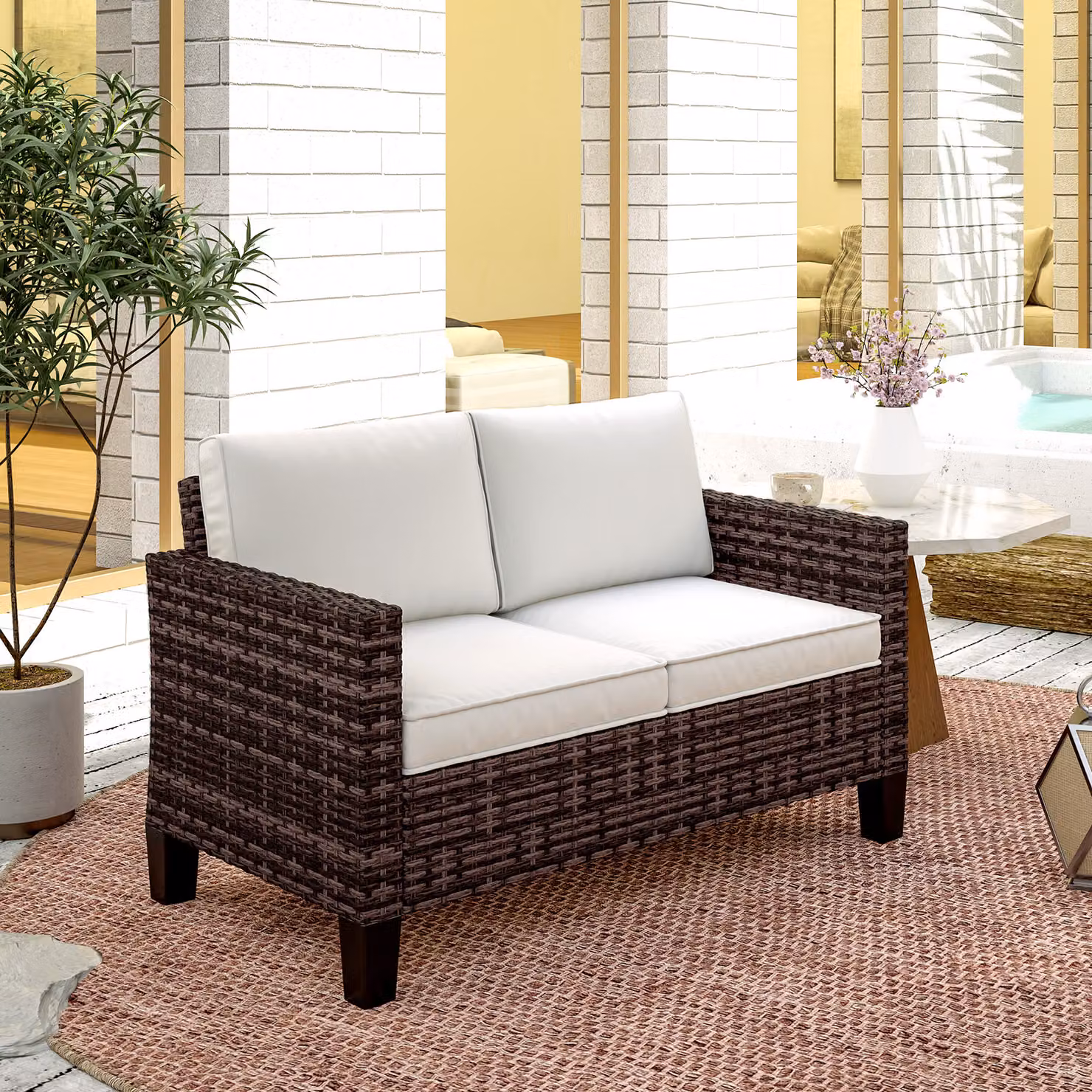 Outsunny Two-Seater Rattan Outdoor Sofa in Brown with Cushions and Removable Covers – 7